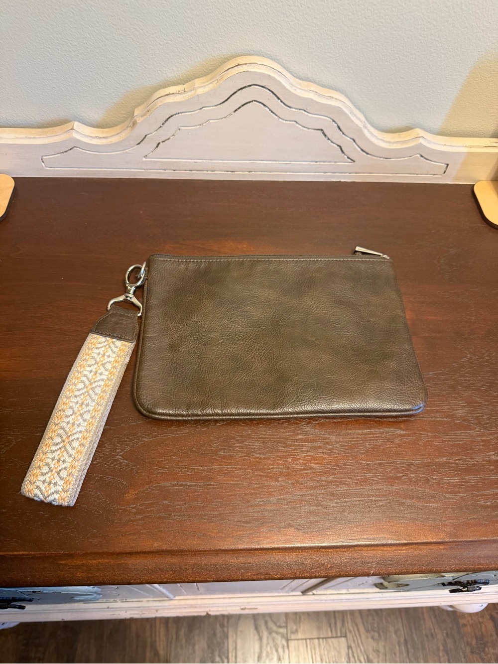 Faux Leather Wristlet Clutch in Brown with Patterned Strap